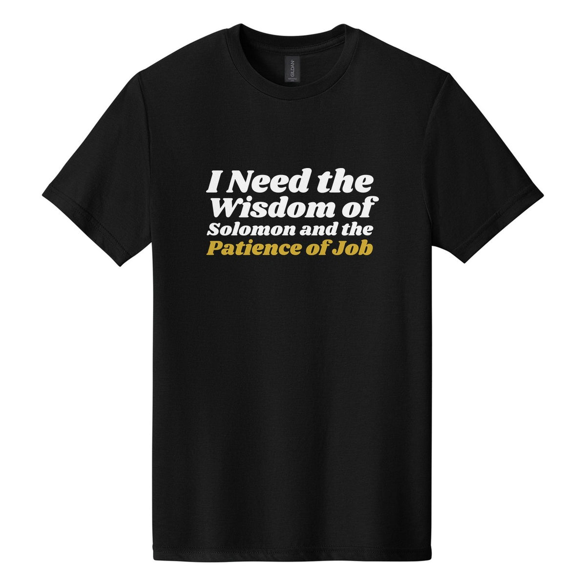 I Need the Wisdom of Solomon and the Patience of Job tee in Pitch Black, Shrikhand font, White + Metallic Gold ink
