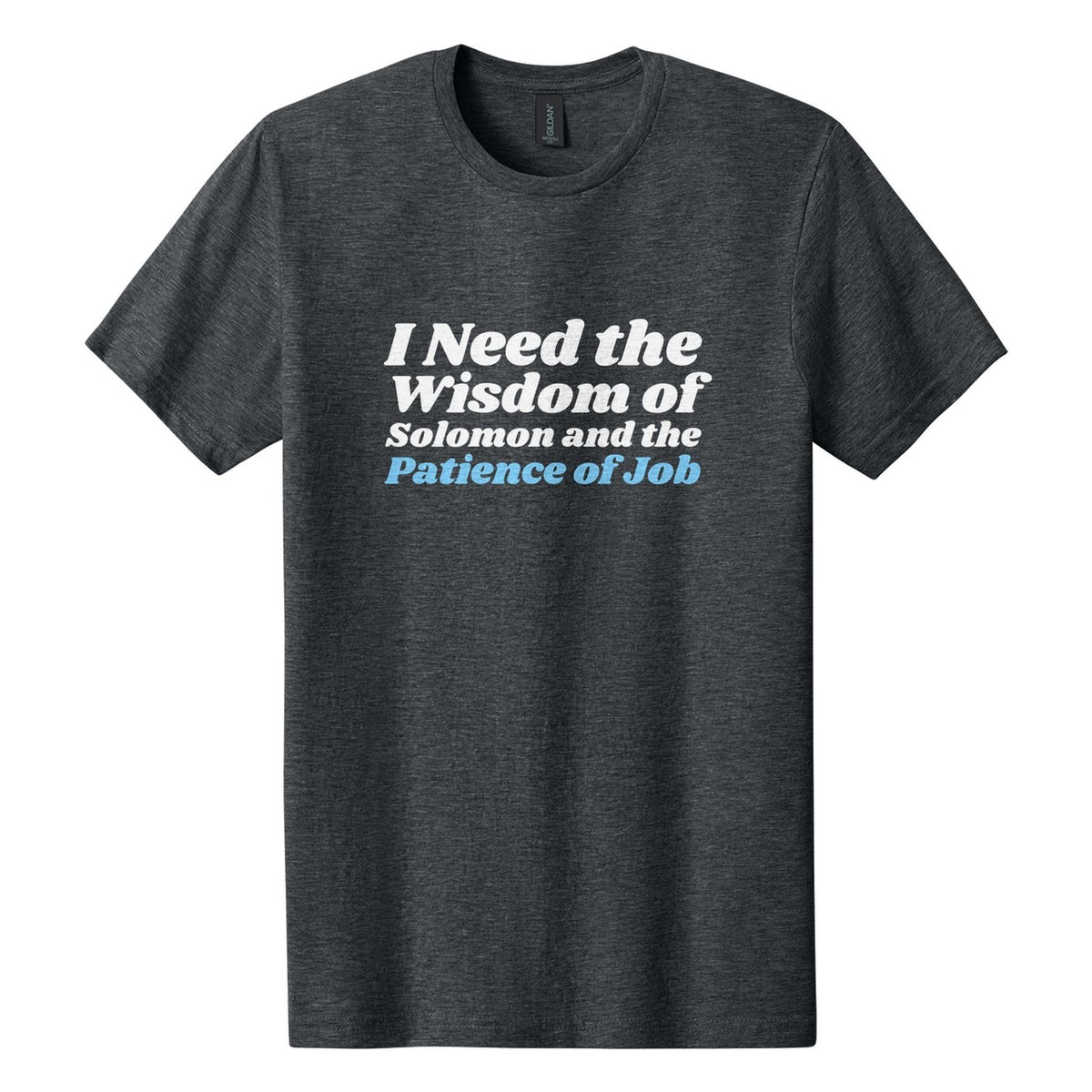 I Need the Wisdom of Solomon and the Patience of Job tee in Dark Heather, Shrikhand font, White + Sky Blue ink