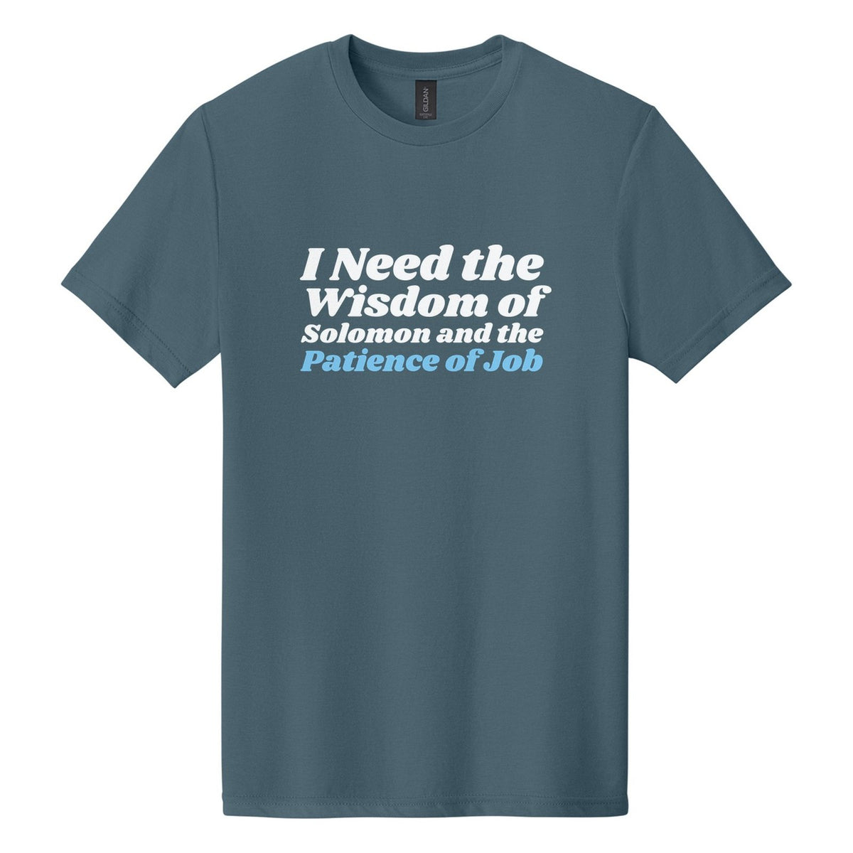 I Need the Wisdom of Solomon and the Patience of Job tee in Steel Blue, Shrikhand font, White + Sky Blue ink