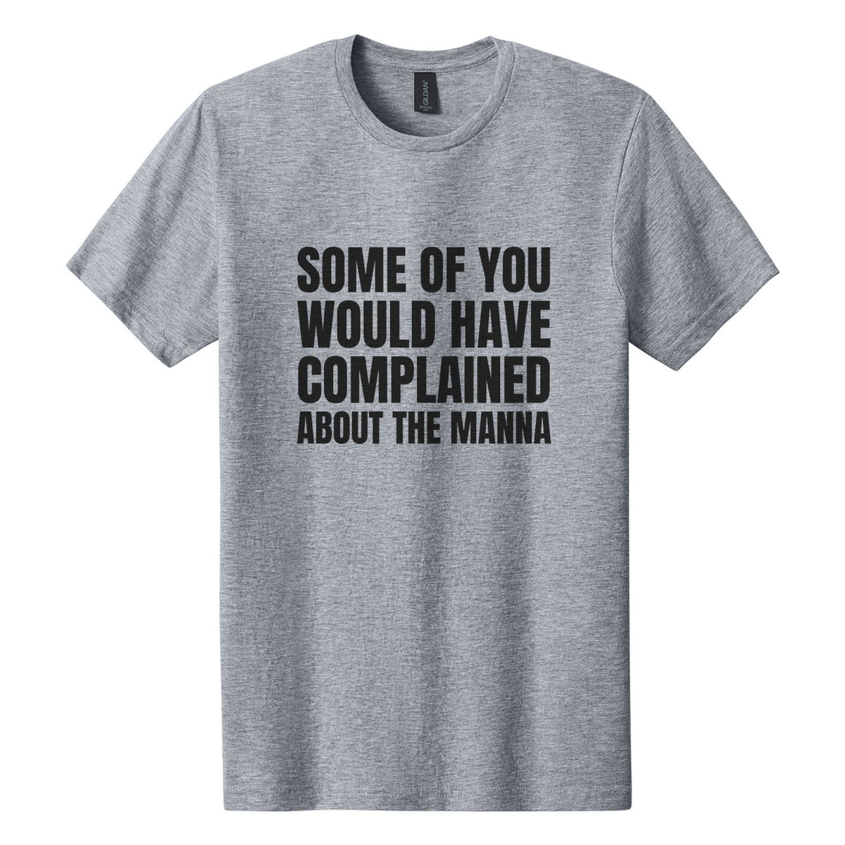 Some of You Would Have Complained About the Manna tee in Ring Spun Sport Grey, Anton font, Black ink