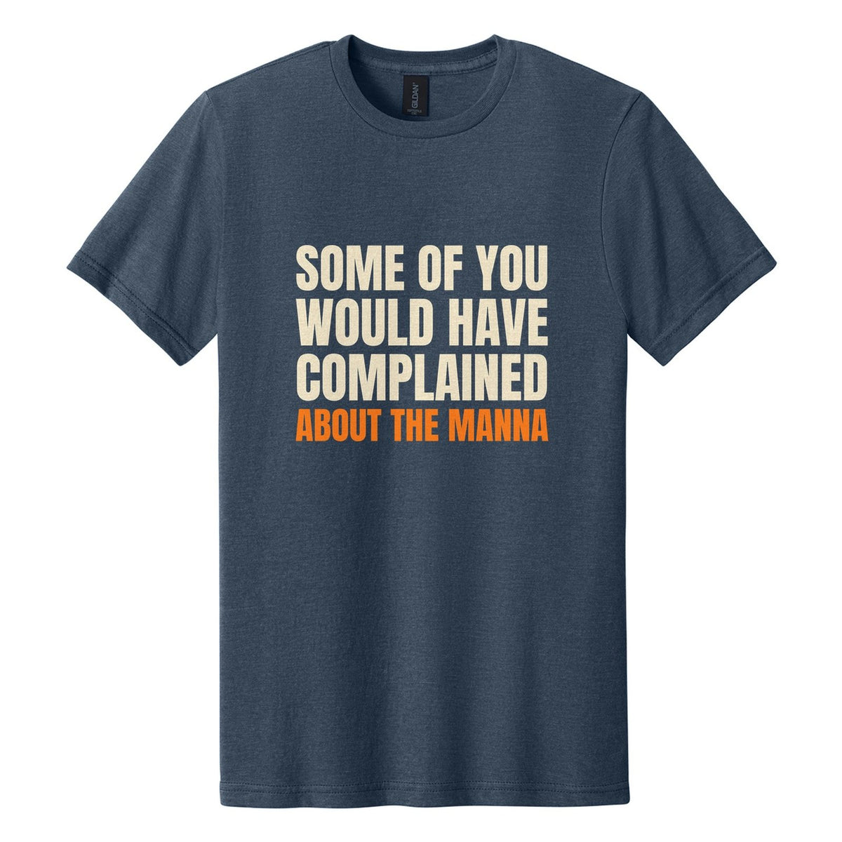 Some of You Would Have Complained About the Manna tee in Navy Mist, Anton font, Cream + Orange ink