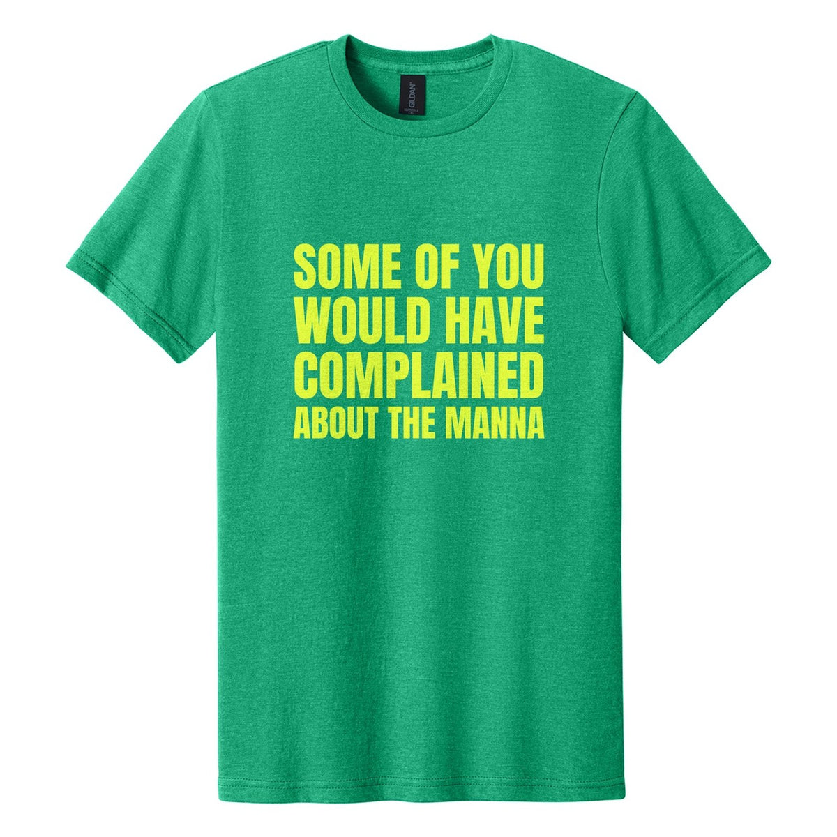 Some of You Would Have Complained About the Manna tee in Kelly Mist, Anton font, Neon Yellow ink