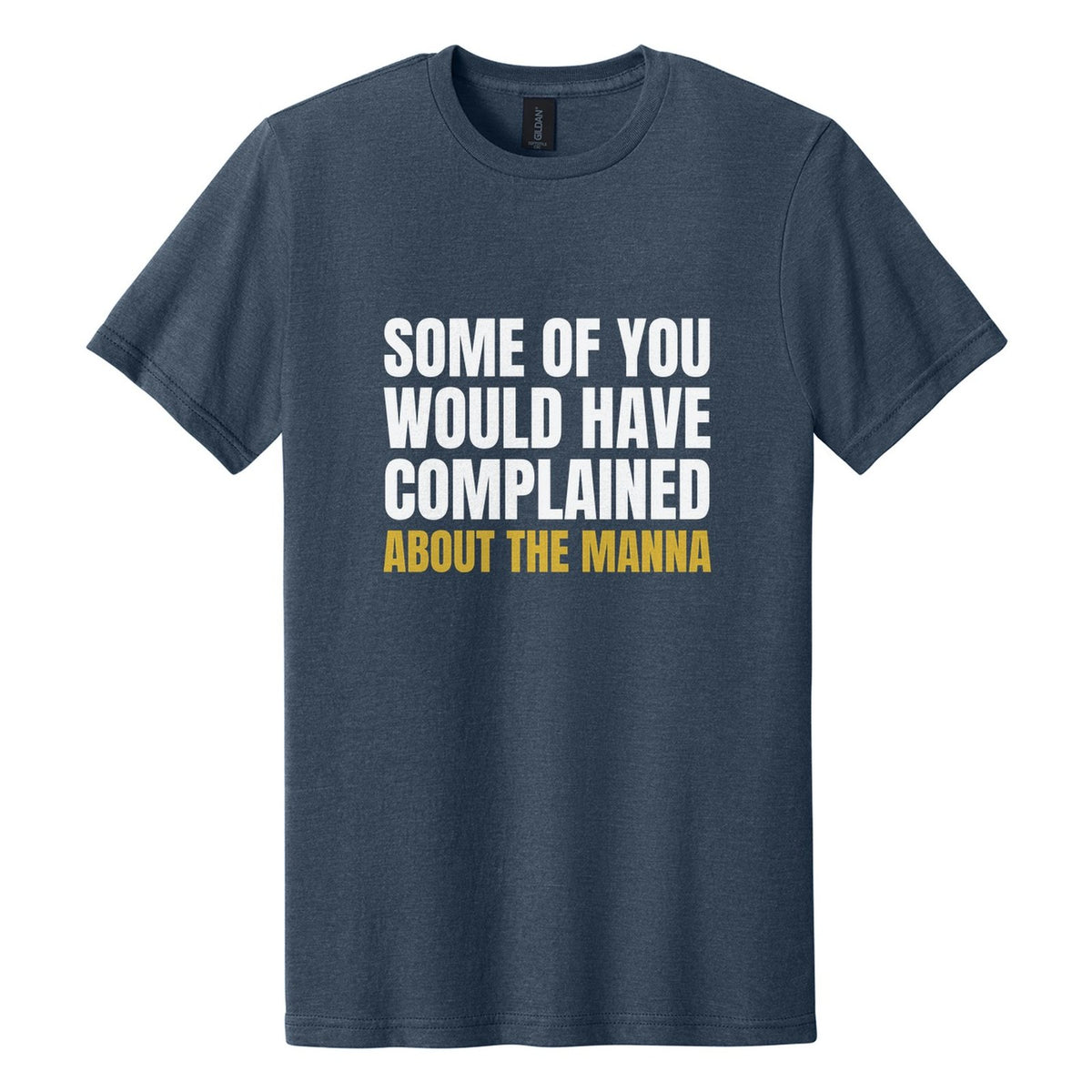 Some of You Would Have Complained About the Manna tee in Navy Mist, Anton font, White + Metallic Gold ink