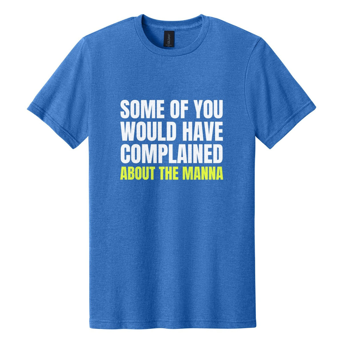 Some of You Would Have Complained About the Manna tee in Royal Mist, Anton font, White + Neon Yellow ink