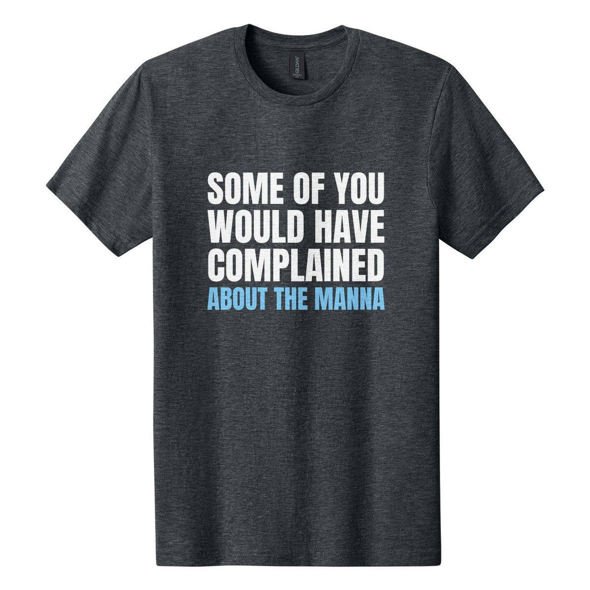 Some of You Would Have Complained About the Manna tee in Dark Heather, Anton font, White + Sky Blue ink