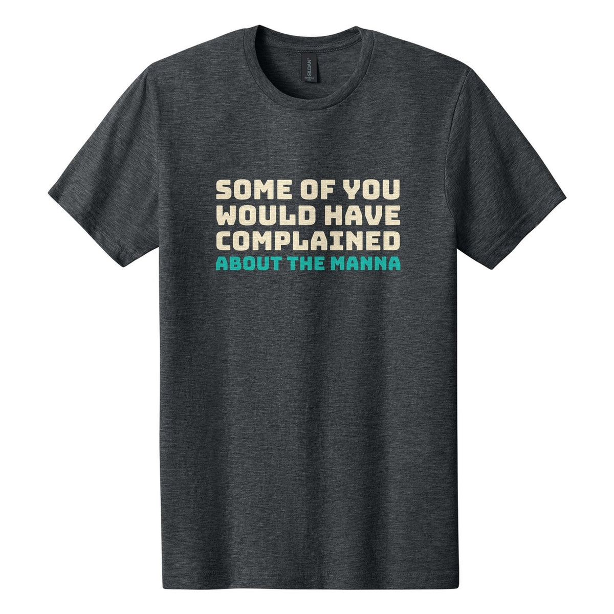 Some of You Would Have Complained About the Manna tee in Dark Heather, Bungee font, Cream + Teal ink
