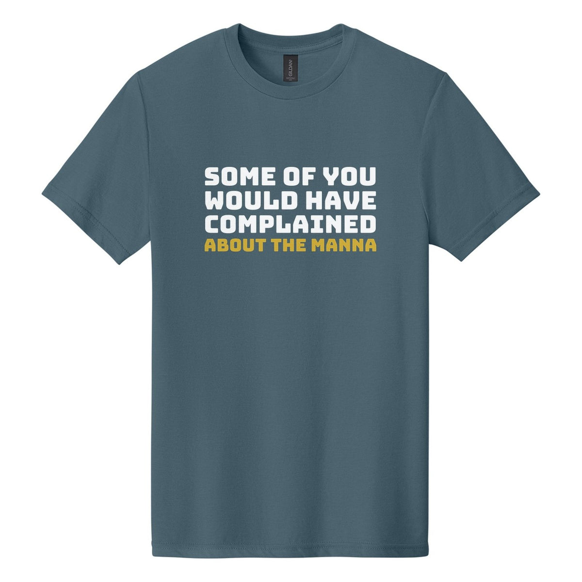 Some of You Would Have Complained About the Manna tee in Steel Blue, Bungee font, White + Metallic Gold ink
