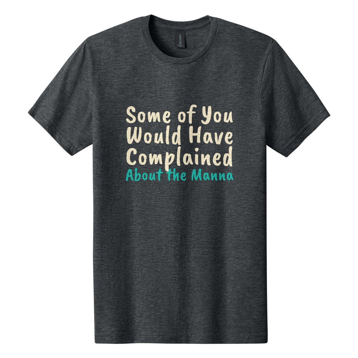 Some of You Would Have Complained About the Manna tee in Dark Heather, Caveat Brush font, Cream + Teal ink