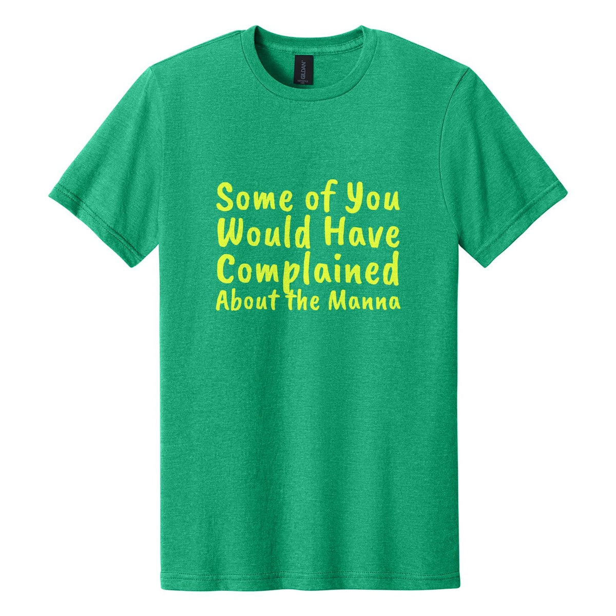Some of You Would Have Complained About the Manna tee in Kelly Mist, Caveat Brush font, Neon Yellow ink