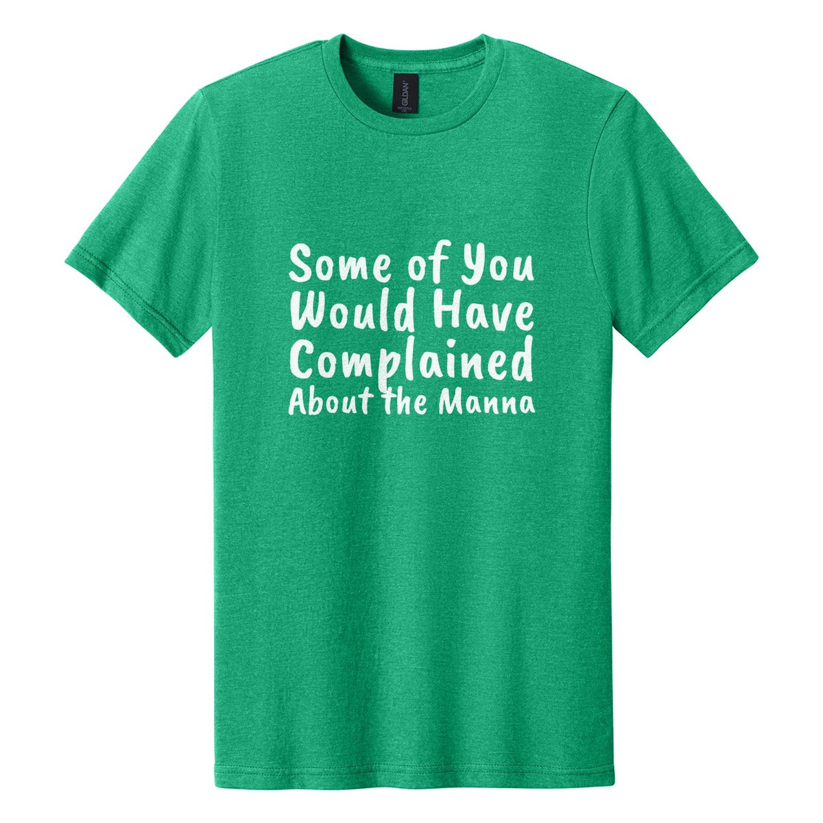 Some of You Would Have Complained About the Manna tee in Kelly Mist, Caveat Brush font, White ink