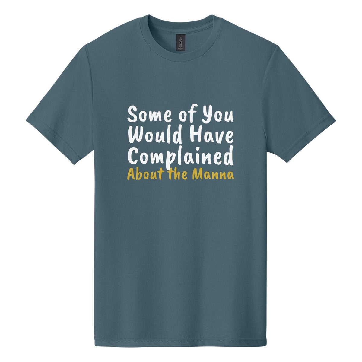 Some of You Would Have Complained About the Manna tee in Steel Blue, Caveat Brush font, White + Metallic Gold ink
