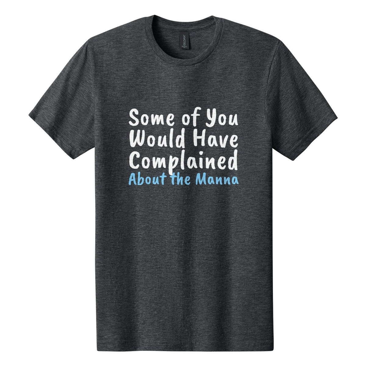Some of You Would Have Complained About the Manna tee in Dark Heather, Caveat Brush font, White + Sky Blue ink