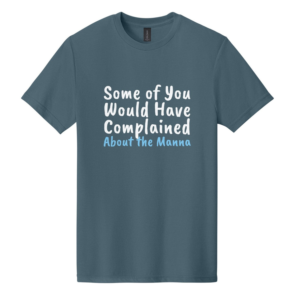Some of You Would Have Complained About the Manna tee in Steel Blue, Caveat Brush font, White + Sky Blue ink