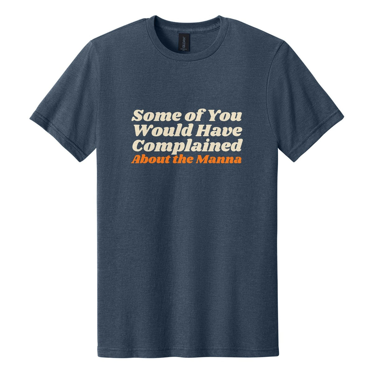 Some of You Would Have Complained About the Manna tee in Navy Mist, Shrikhand font, Cream + Orange ink