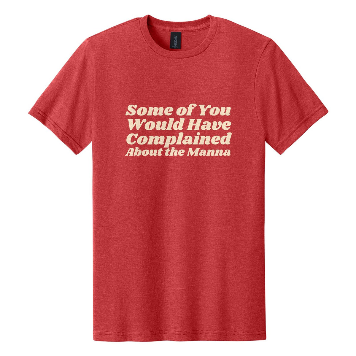 Some of You Would Have Complained About the Manna tee in Red Mist, Shrikhand font, Cream ink