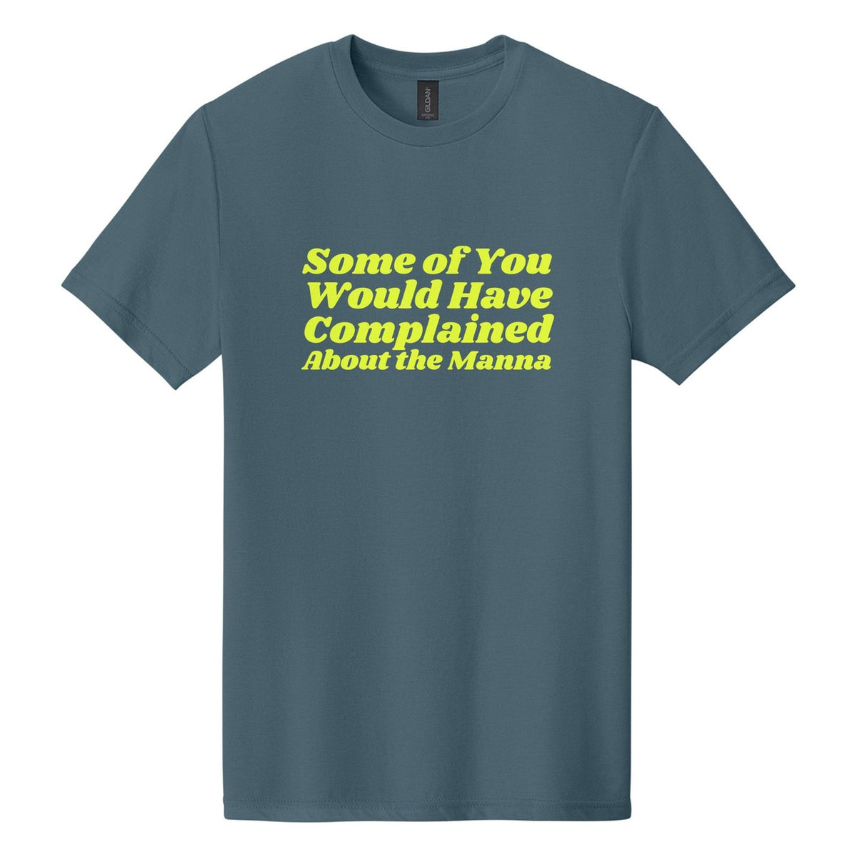 Some of You Would Have Complained About the Manna tee in Steel Blue, Shrikhand font, Neon Yellow ink