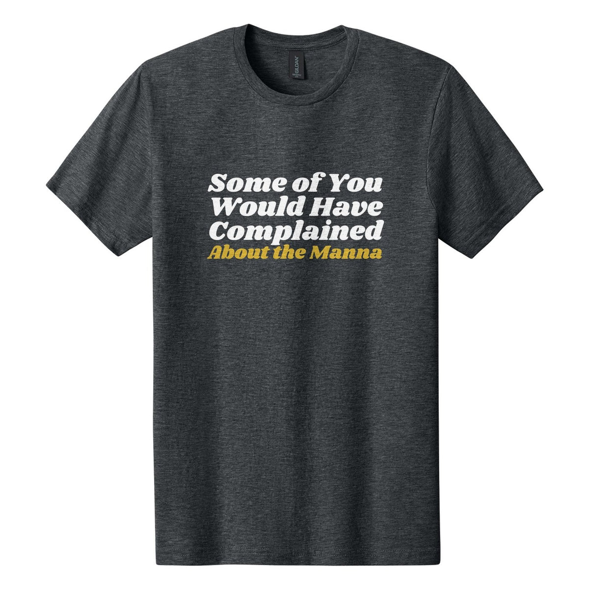 Some of You Would Have Complained About the Manna tee in Dark Heather, Shrikhand font, White + Metallic Gold ink
