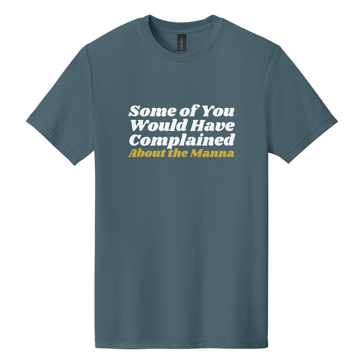 Some of You Would Have Complained About the Manna tee in Steel Blue, Shrikhand font, White + Metallic Gold ink