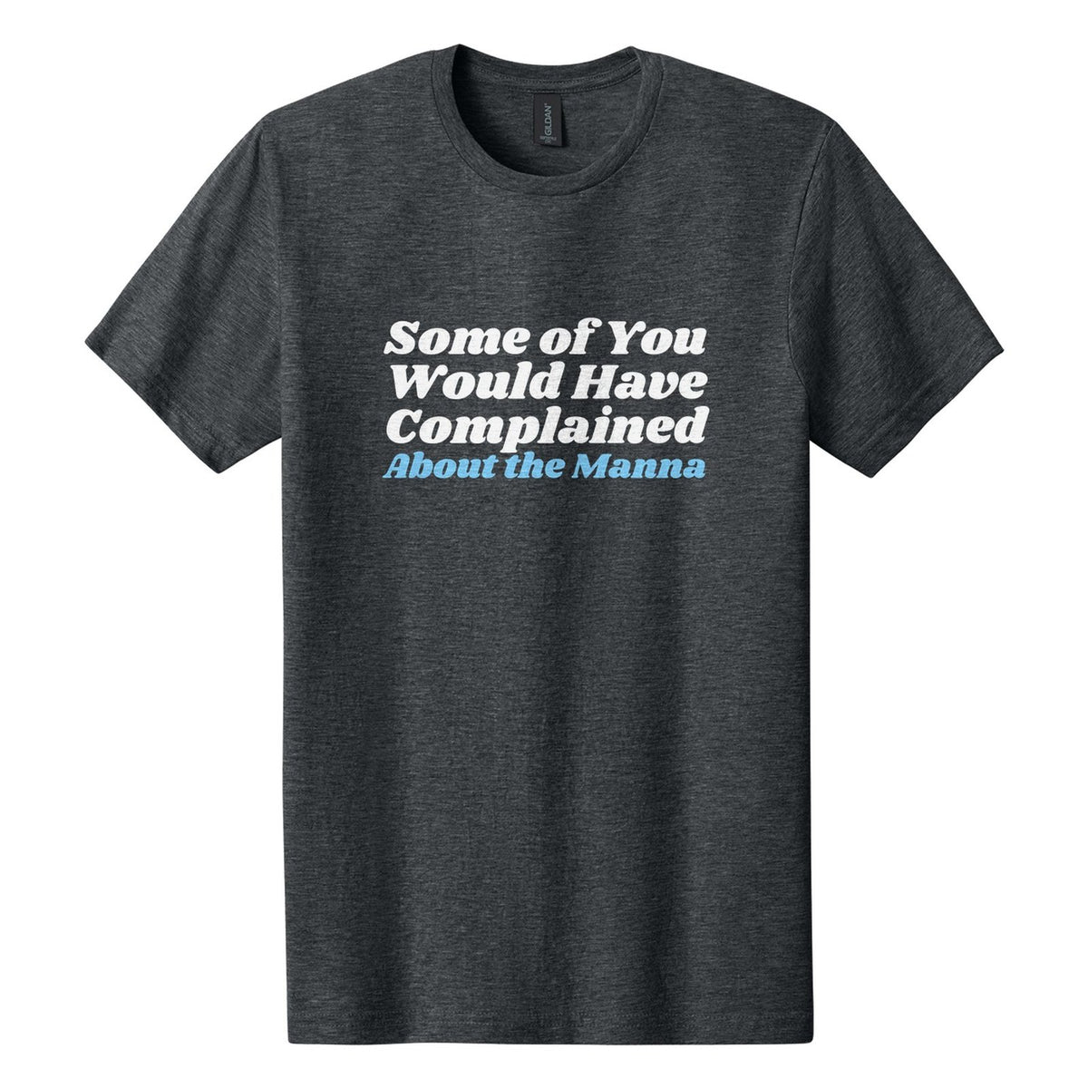 Some of You Would Have Complained About the Manna tee in Dark Heather, Shrikhand font, White + Sky Blue ink