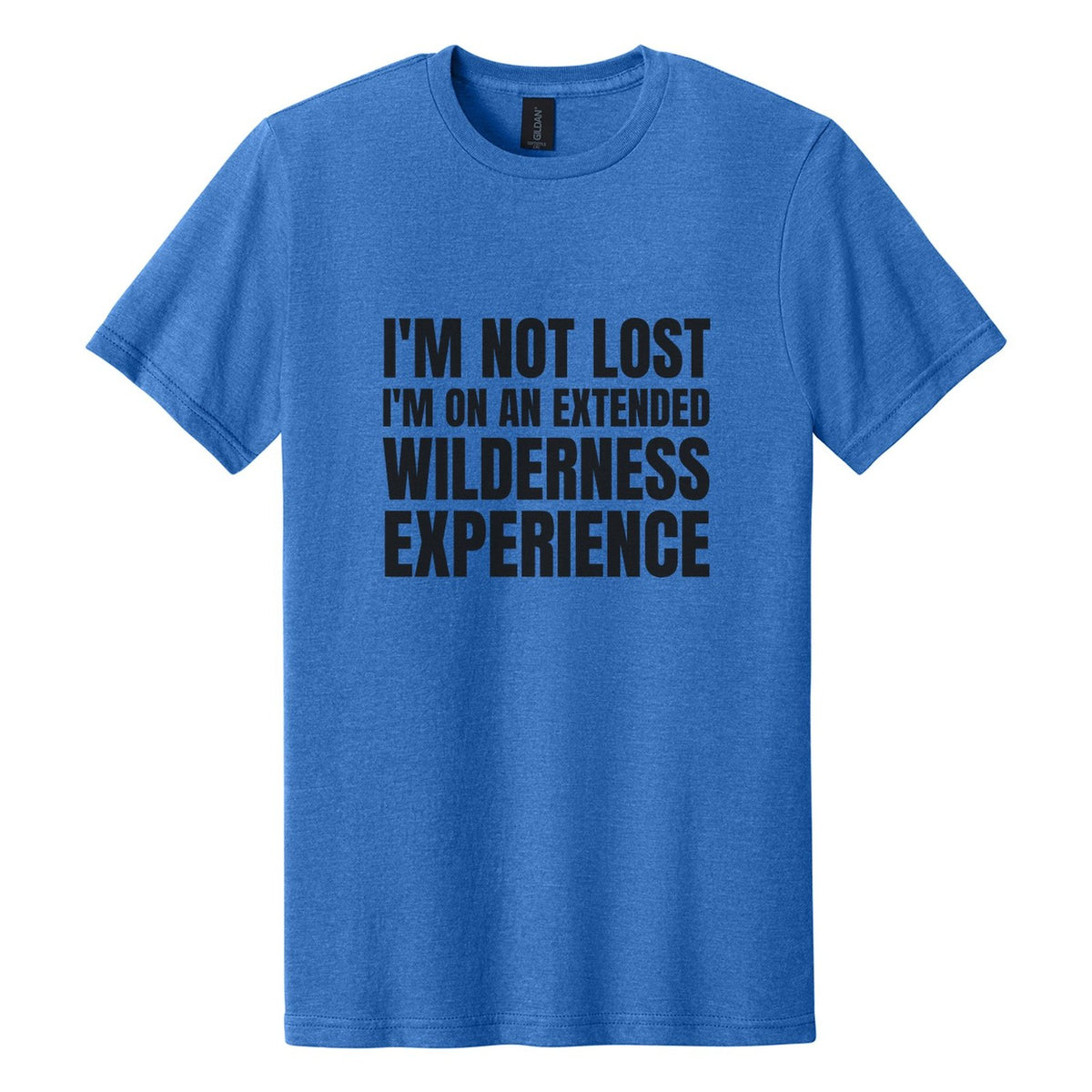I'm Not Lost. I'm on an Extended Wilderness Experience tee in Royal Mist, Anton font, Black ink