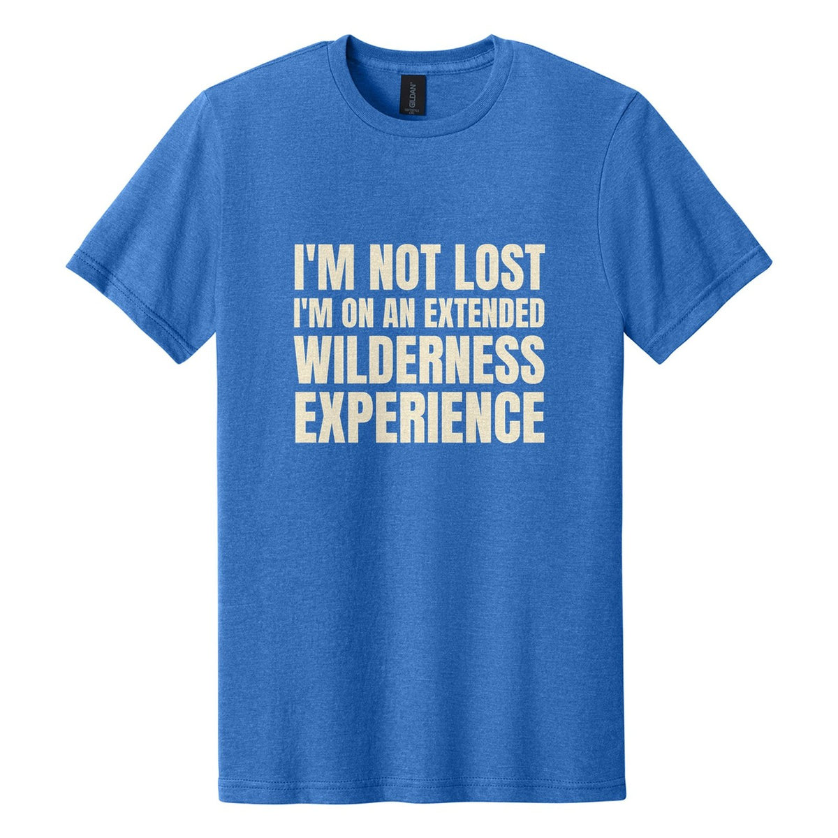 I'm Not Lost. I'm on an Extended Wilderness Experience tee in Royal Mist, Anton font, Cream ink