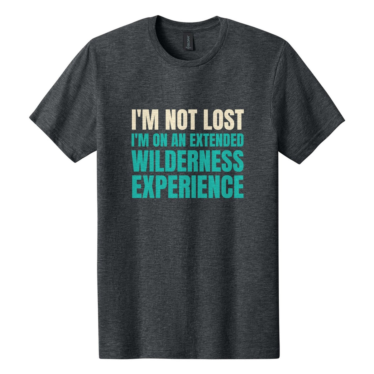 I'm Not Lost. I'm on an Extended Wilderness Experience tee in Dark Heather, Anton font, Cream + Teal ink