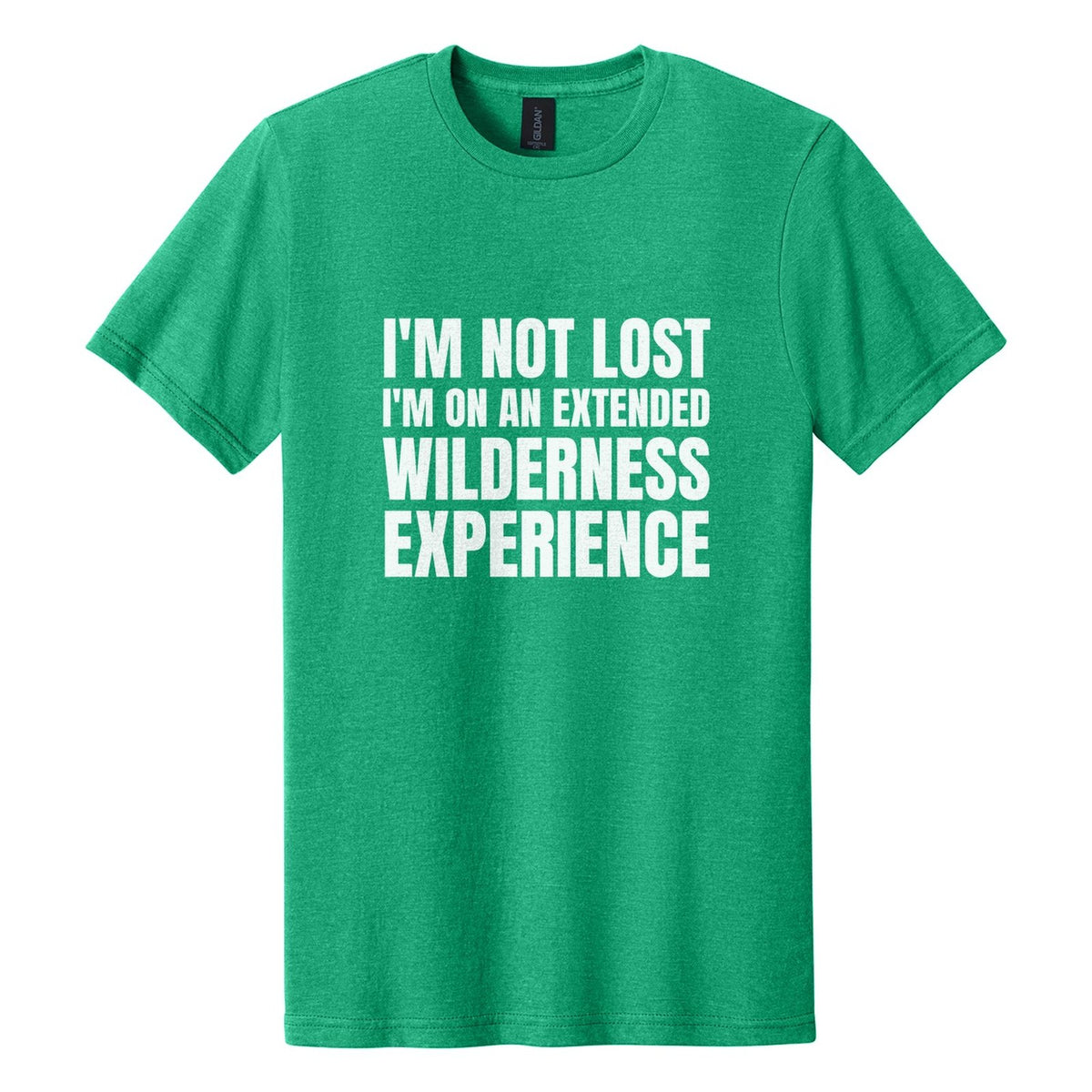 I'm Not Lost. I'm on an Extended Wilderness Experience tee in Kelly Mist, Anton font, White ink