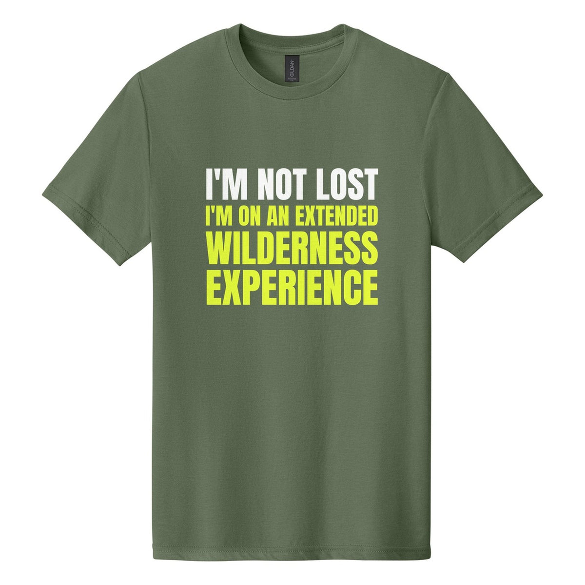I'm Not Lost. I'm on an Extended Wilderness Experience tee in Cactus, Anton font, White + Neon Yellow ink