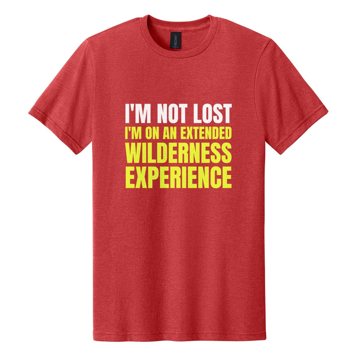 I'm Not Lost. I'm on an Extended Wilderness Experience tee in Red Mist, Anton font, White + Neon Yellow ink
