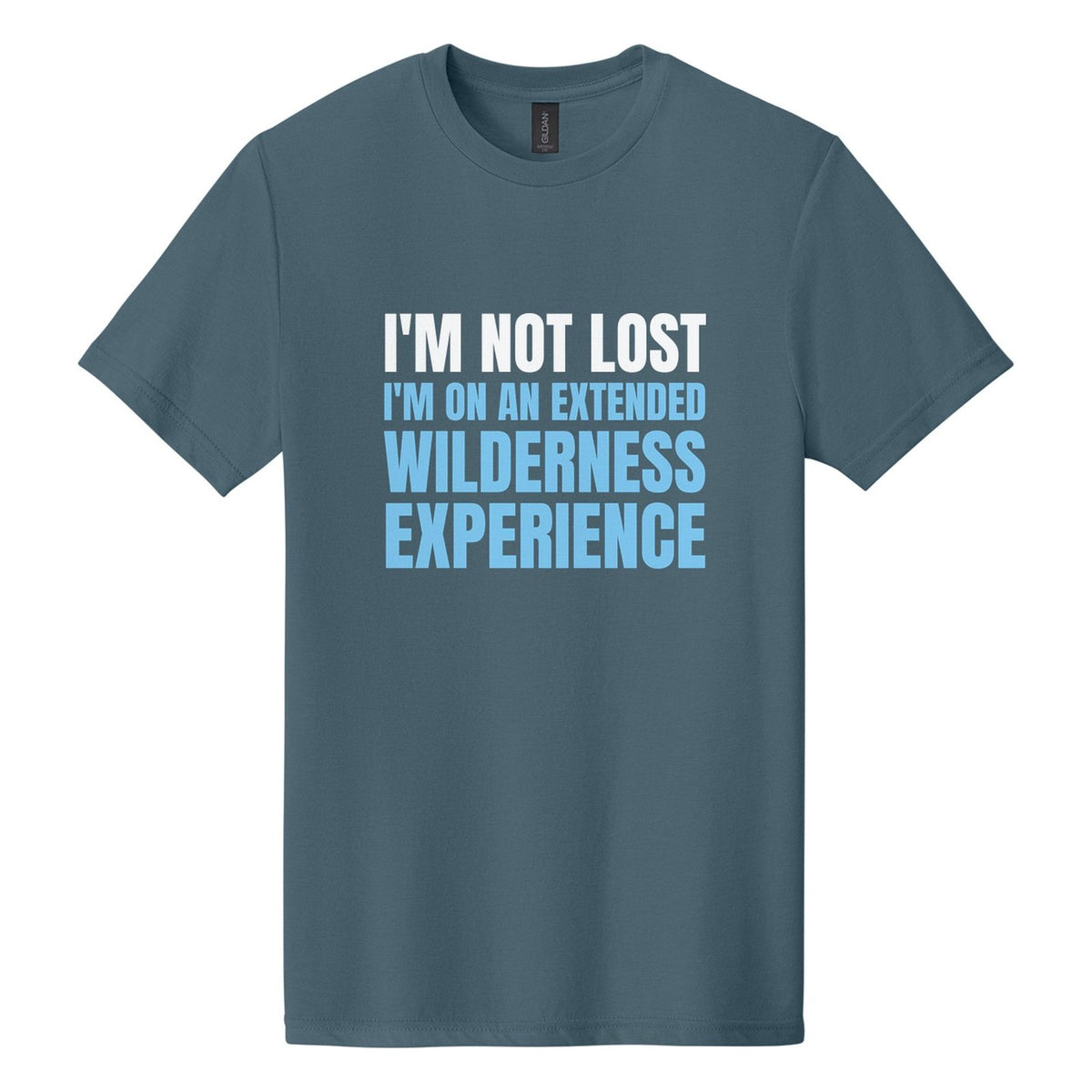 I'm Not Lost. I'm on an Extended Wilderness Experience tee in Steel Blue, Anton font, White + Sky Blue ink