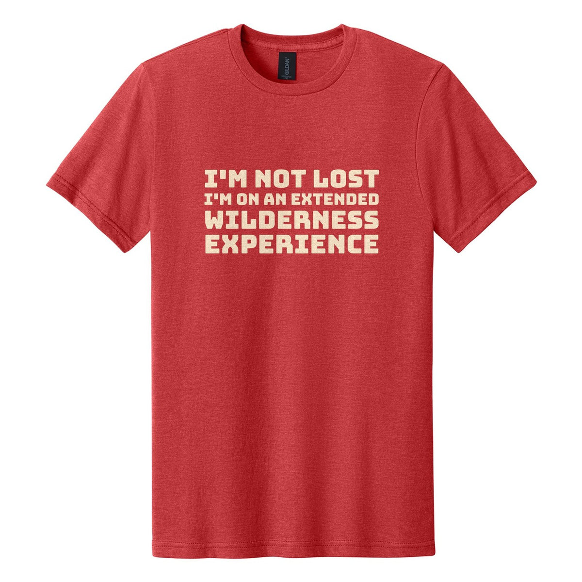 I'm Not Lost. I'm on an Extended Wilderness Experience tee in Red Mist, Bungee font, Cream ink