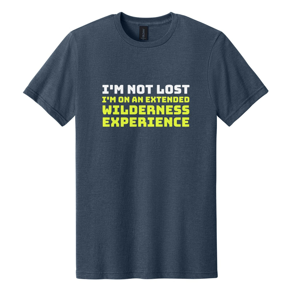 I'm Not Lost. I'm on an Extended Wilderness Experience tee in Navy Mist, Bungee font, White + Neon Yellow ink