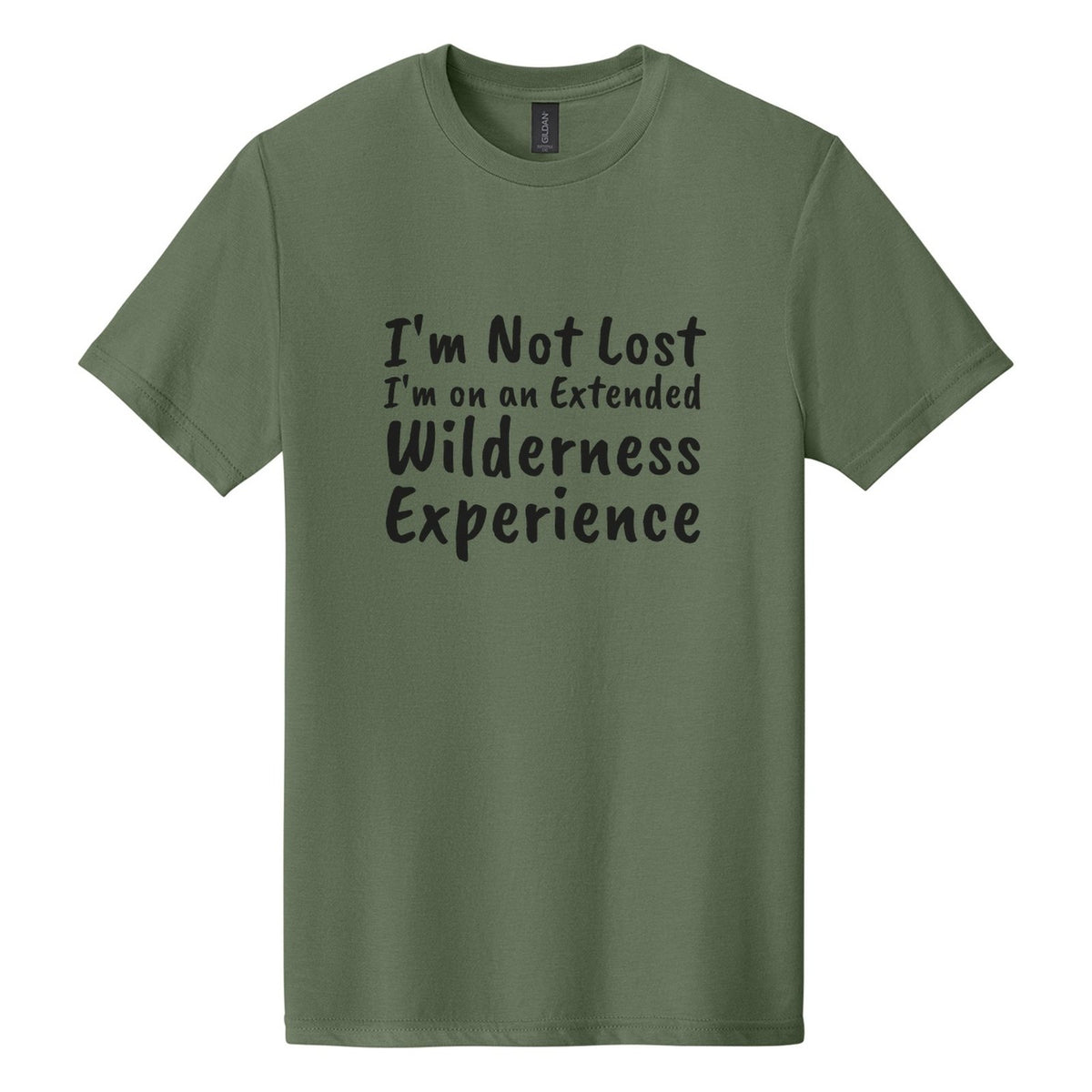 I'm Not Lost. I'm on an Extended Wilderness Experience tee in Cactus, Caveat Brush font, Black ink