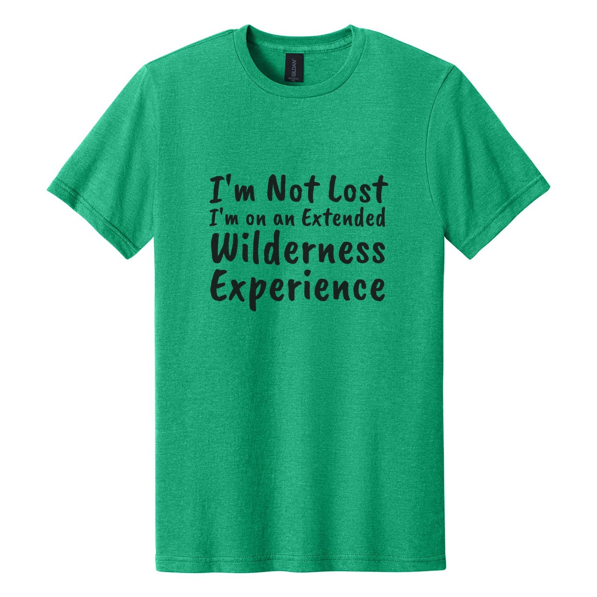 I'm Not Lost. I'm on an Extended Wilderness Experience tee in Kelly Mist, Caveat Brush font, Black ink