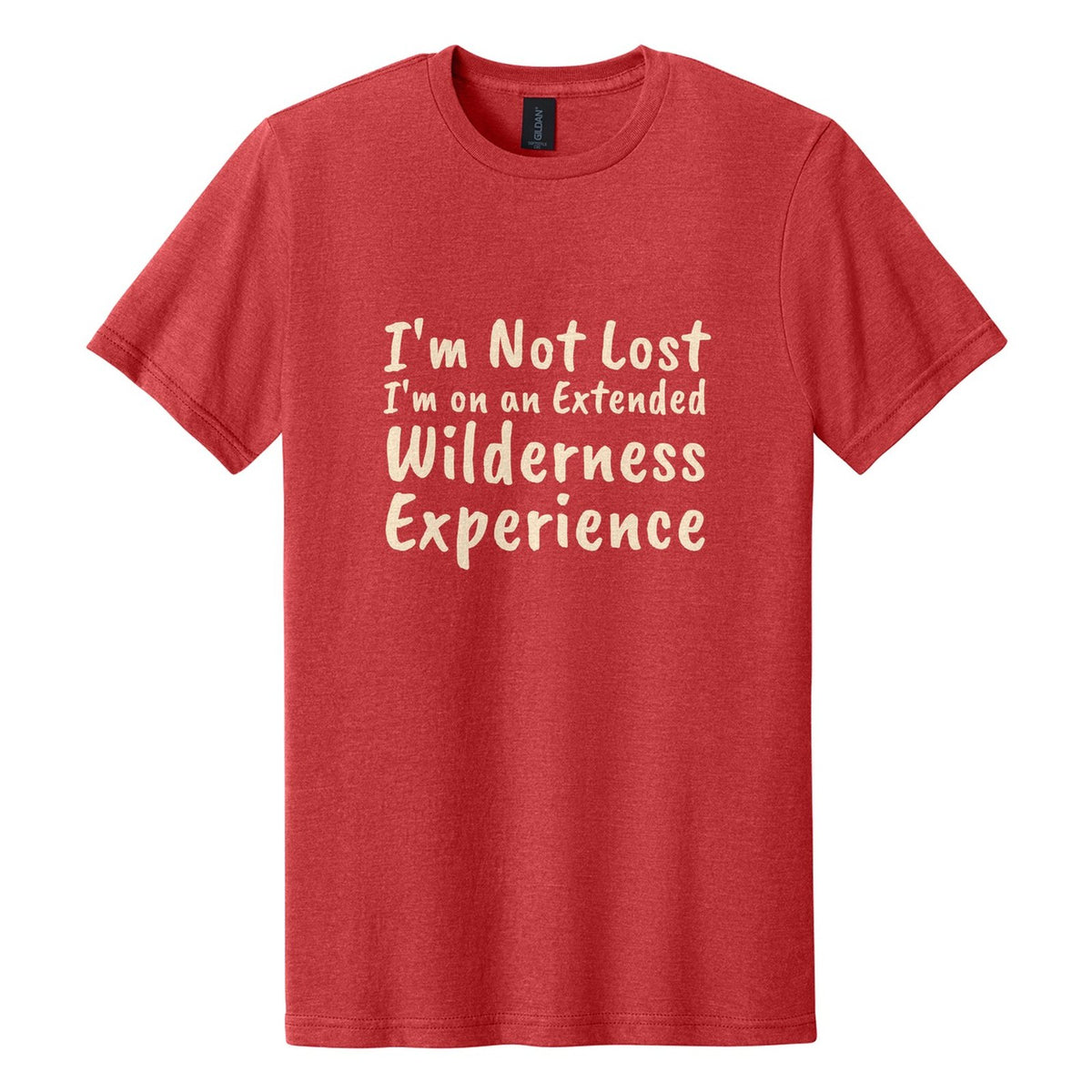 I'm Not Lost. I'm on an Extended Wilderness Experience tee in Red Mist, Caveat Brush font, Cream ink