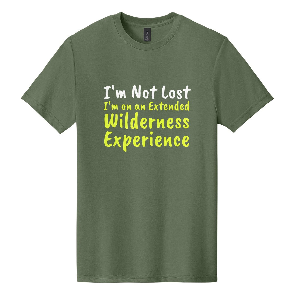 I'm Not Lost. I'm on an Extended Wilderness Experience tee in Cactus, Caveat Brush font, White + Neon Yellow ink