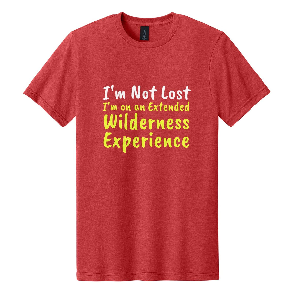 I'm Not Lost. I'm on an Extended Wilderness Experience tee in Red Mist, Caveat Brush font, White + Neon Yellow ink