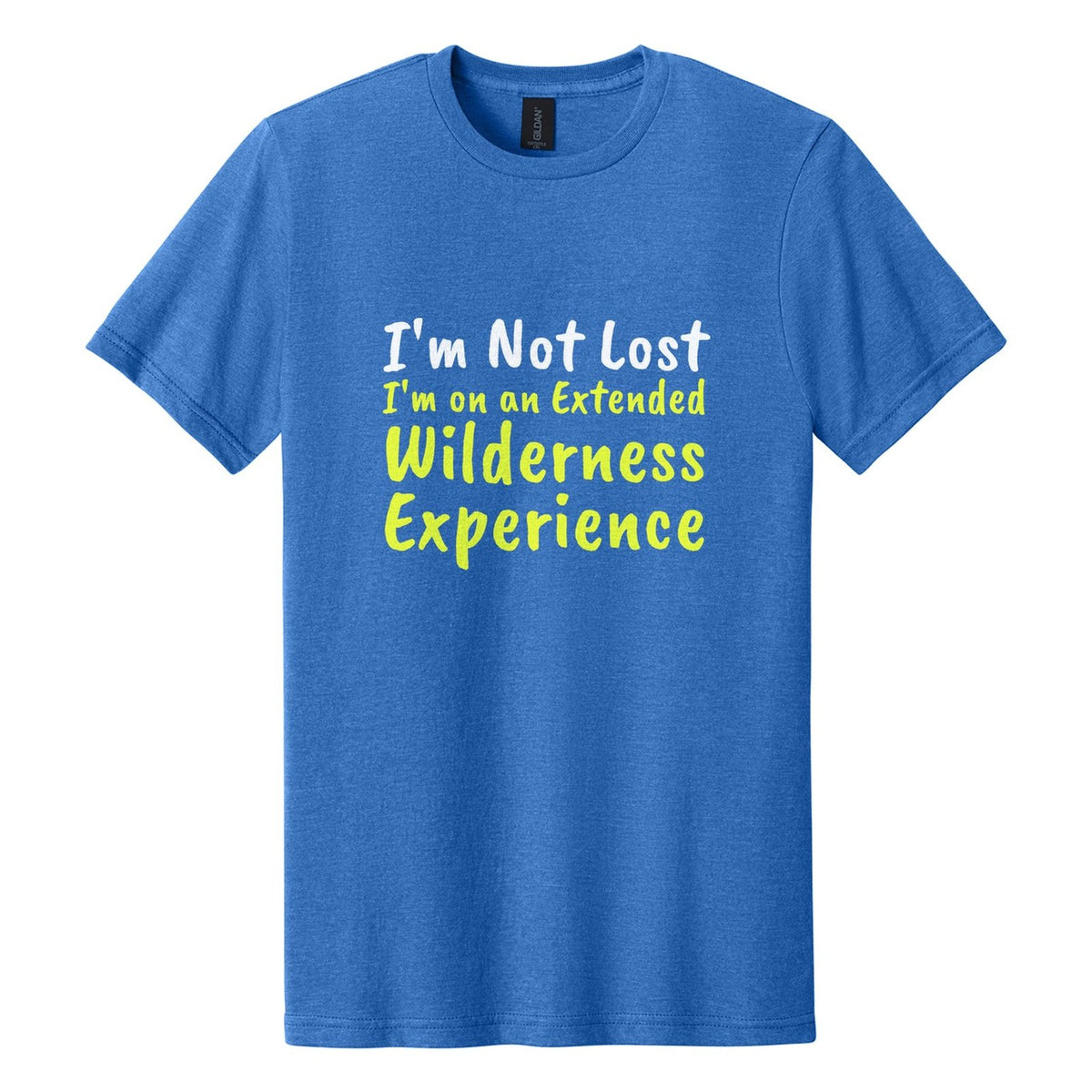 I'm Not Lost. I'm on an Extended Wilderness Experience tee in Royal Mist, Caveat Brush font, White + Neon Yellow ink