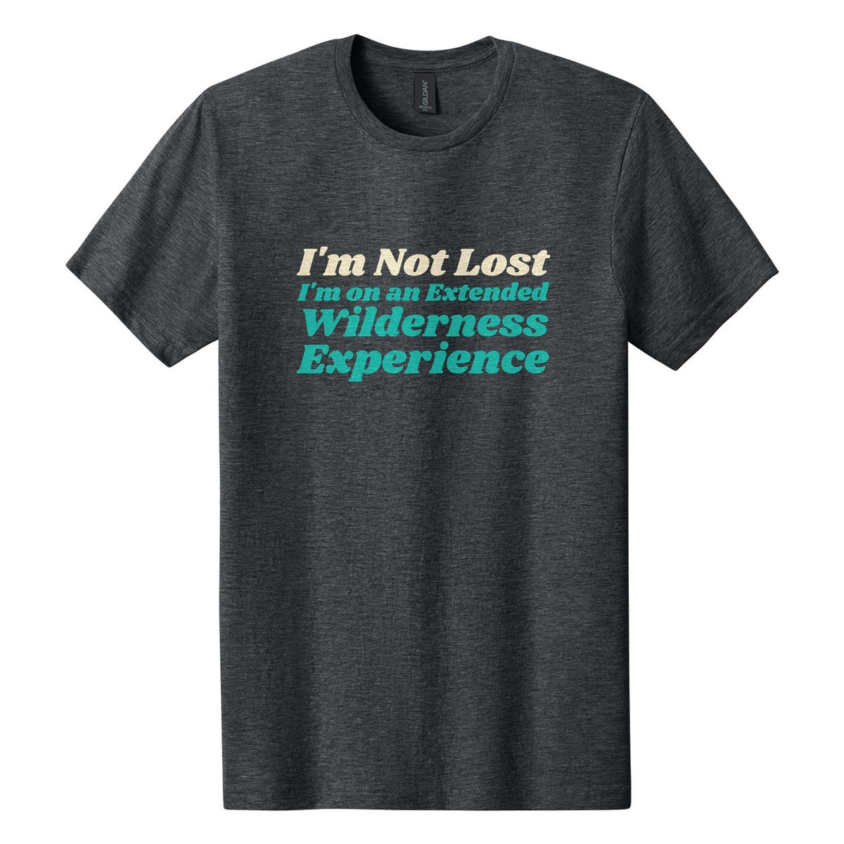 I'm Not Lost. I'm on an Extended Wilderness Experience tee in Dark Heather, Shrikhand font, Cream + Teal ink