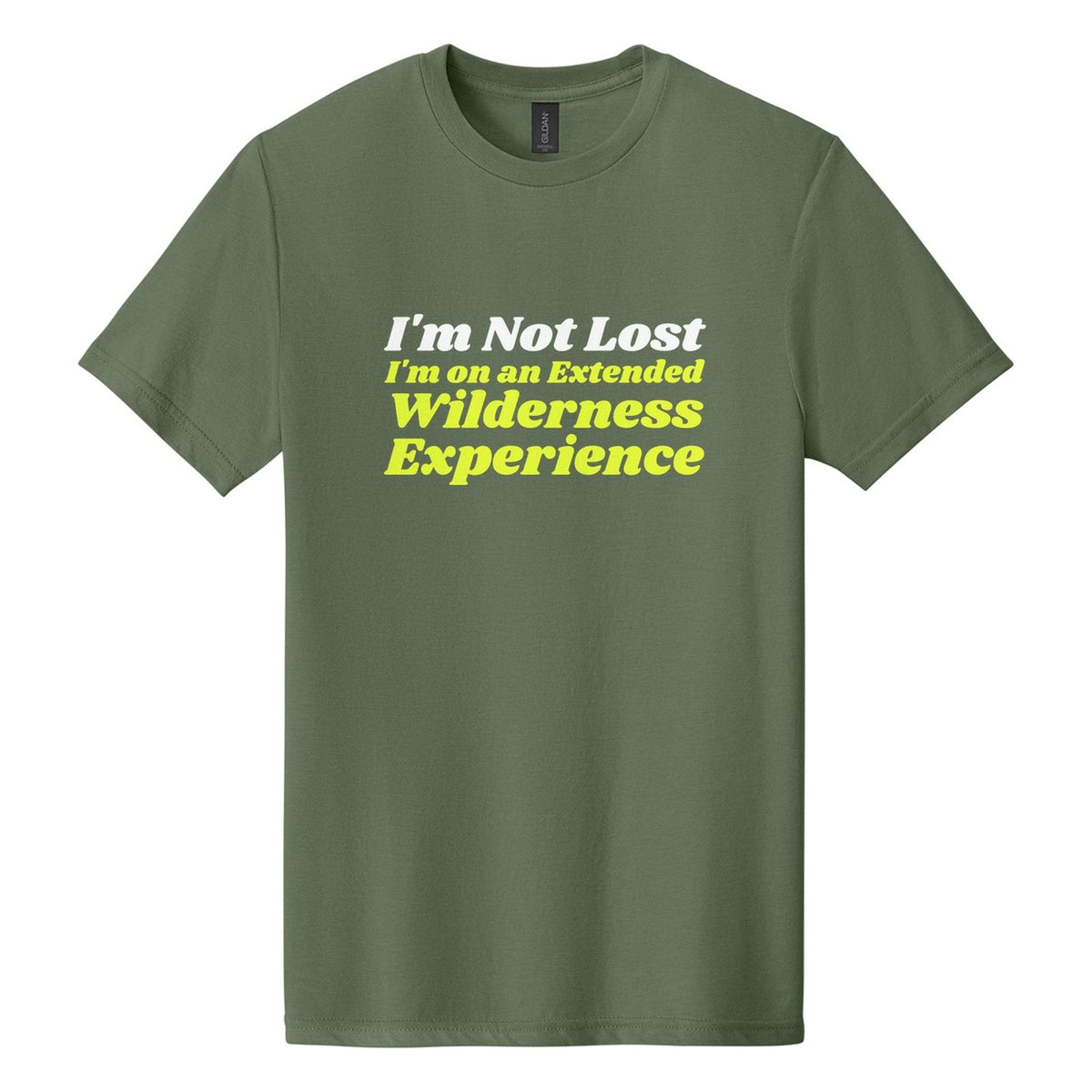 I'm Not Lost. I'm on an Extended Wilderness Experience tee in Cactus, Shrikhand font, White + Neon Yellow ink
