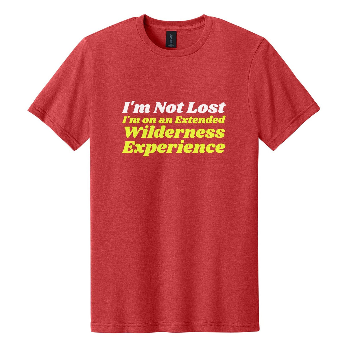 I'm Not Lost. I'm on an Extended Wilderness Experience tee in Red Mist, Shrikhand font, White + Neon Yellow ink