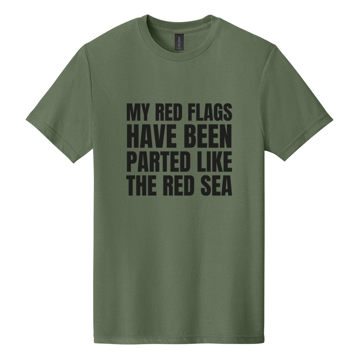 My Red Flags Have Been Parted Like the Red Sea tee in Cactus, Anton font, Black ink