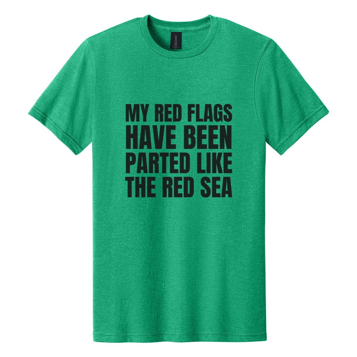 My Red Flags Have Been Parted Like the Red Sea tee in Kelly Mist, Anton font, Black ink