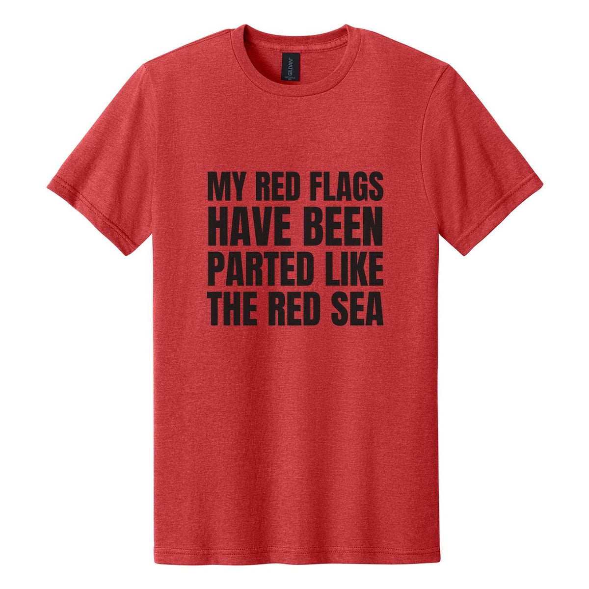 My Red Flags Have Been Parted Like the Red Sea tee in Red Mist, Anton font, Black ink