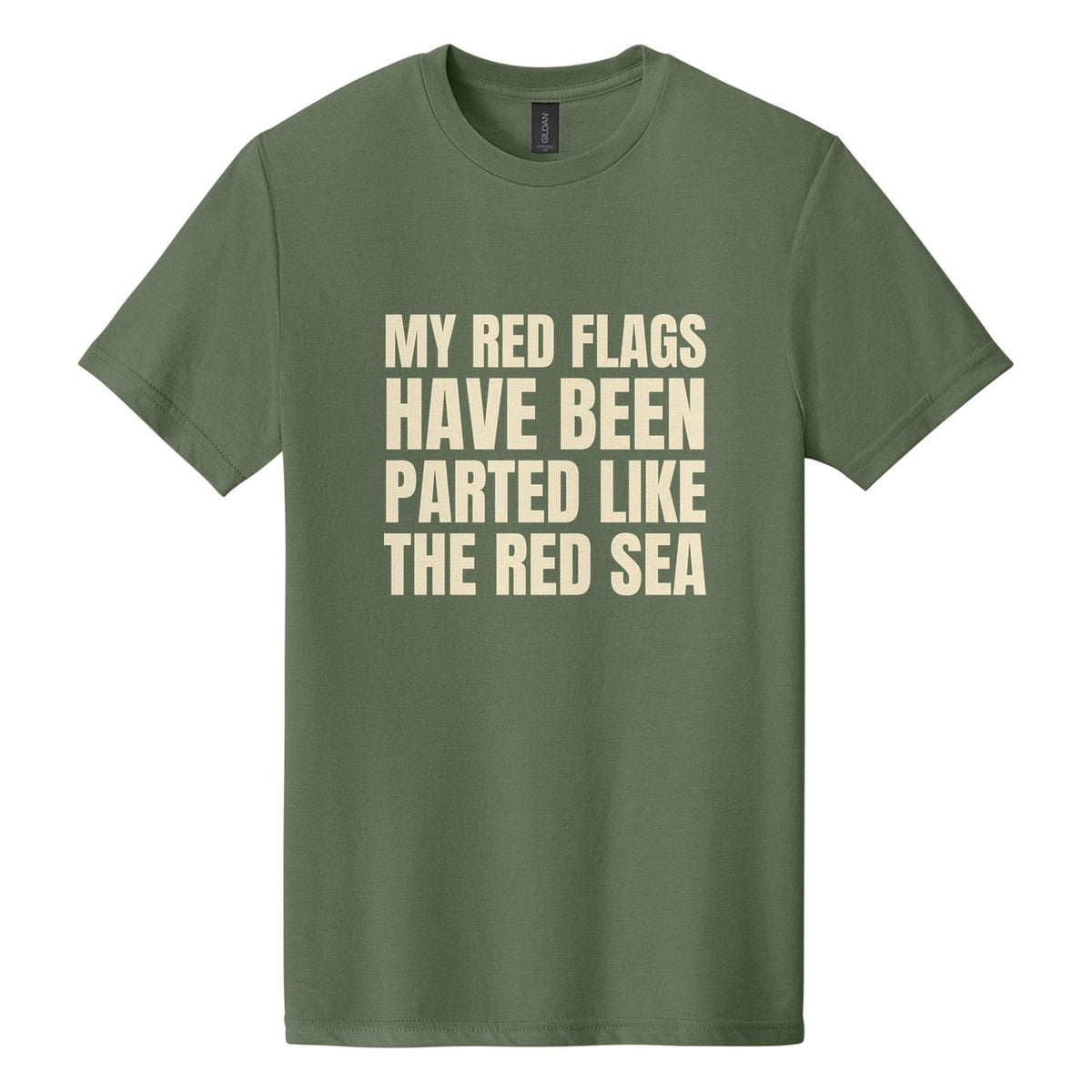 My Red Flags Have Been Parted Like the Red Sea tee in Cactus, Anton font, Cream ink