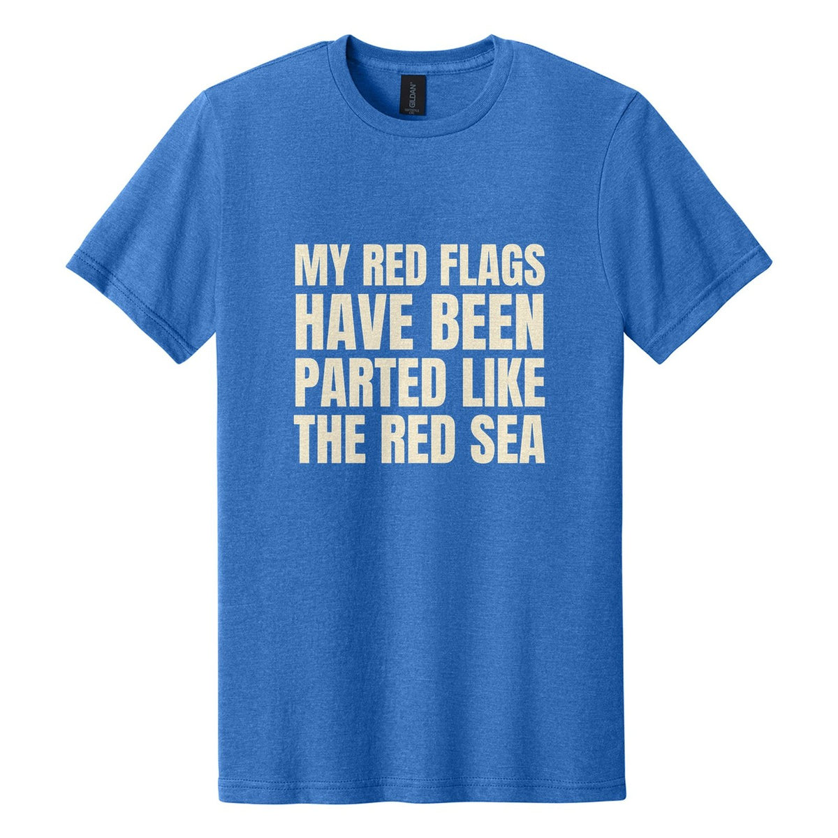 My Red Flags Have Been Parted Like the Red Sea tee in Royal Mist, Anton font, Cream ink