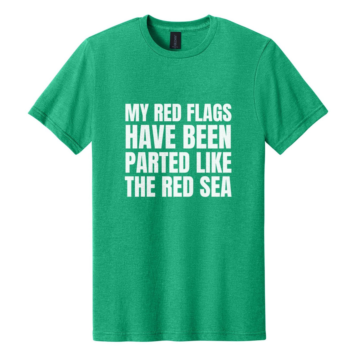 My Red Flags Have Been Parted Like the Red Sea tee in Kelly Mist, Anton font, White ink