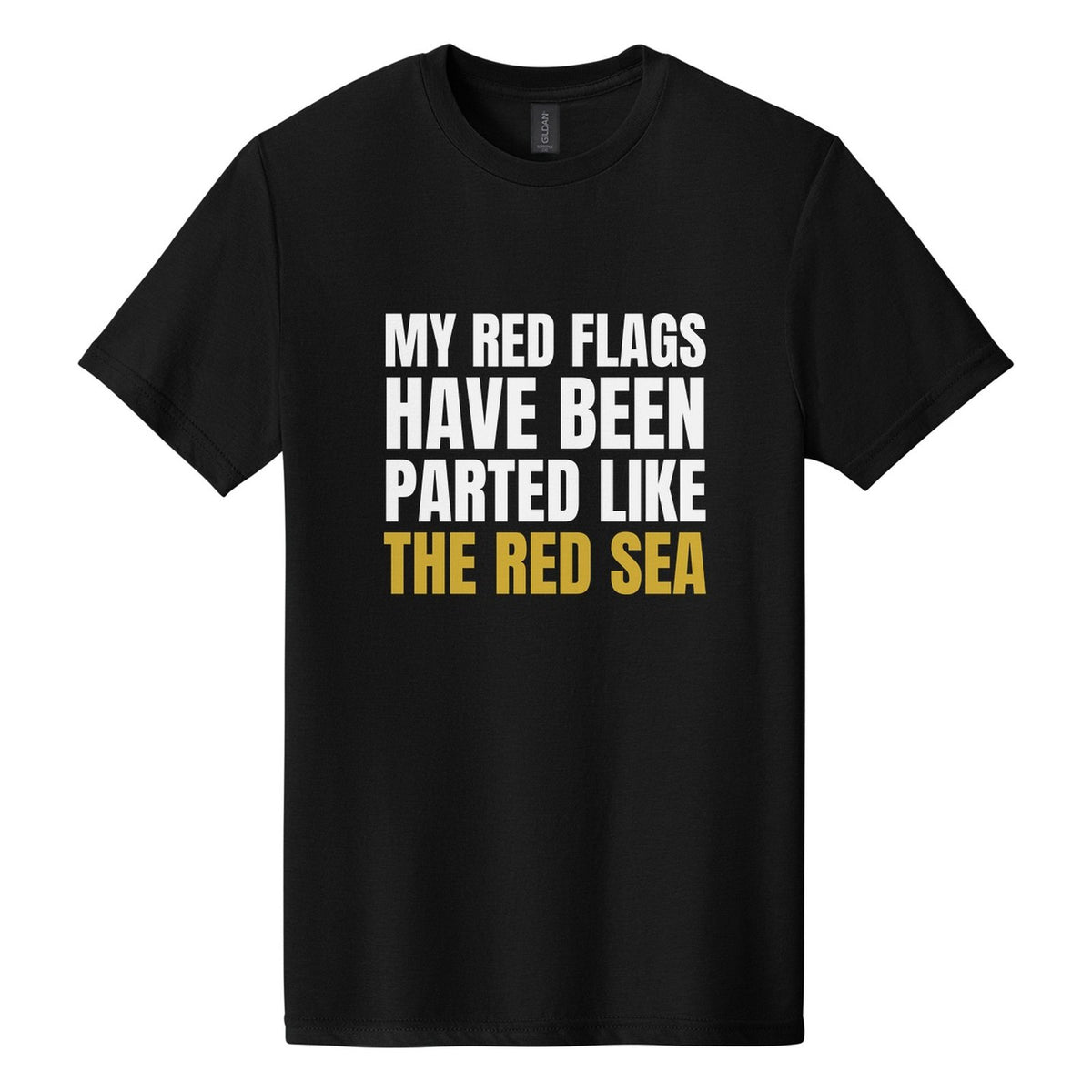 My Red Flags Have Been Parted Like the Red Sea tee in Pitch Black, Anton font, White + Metallic Gold ink