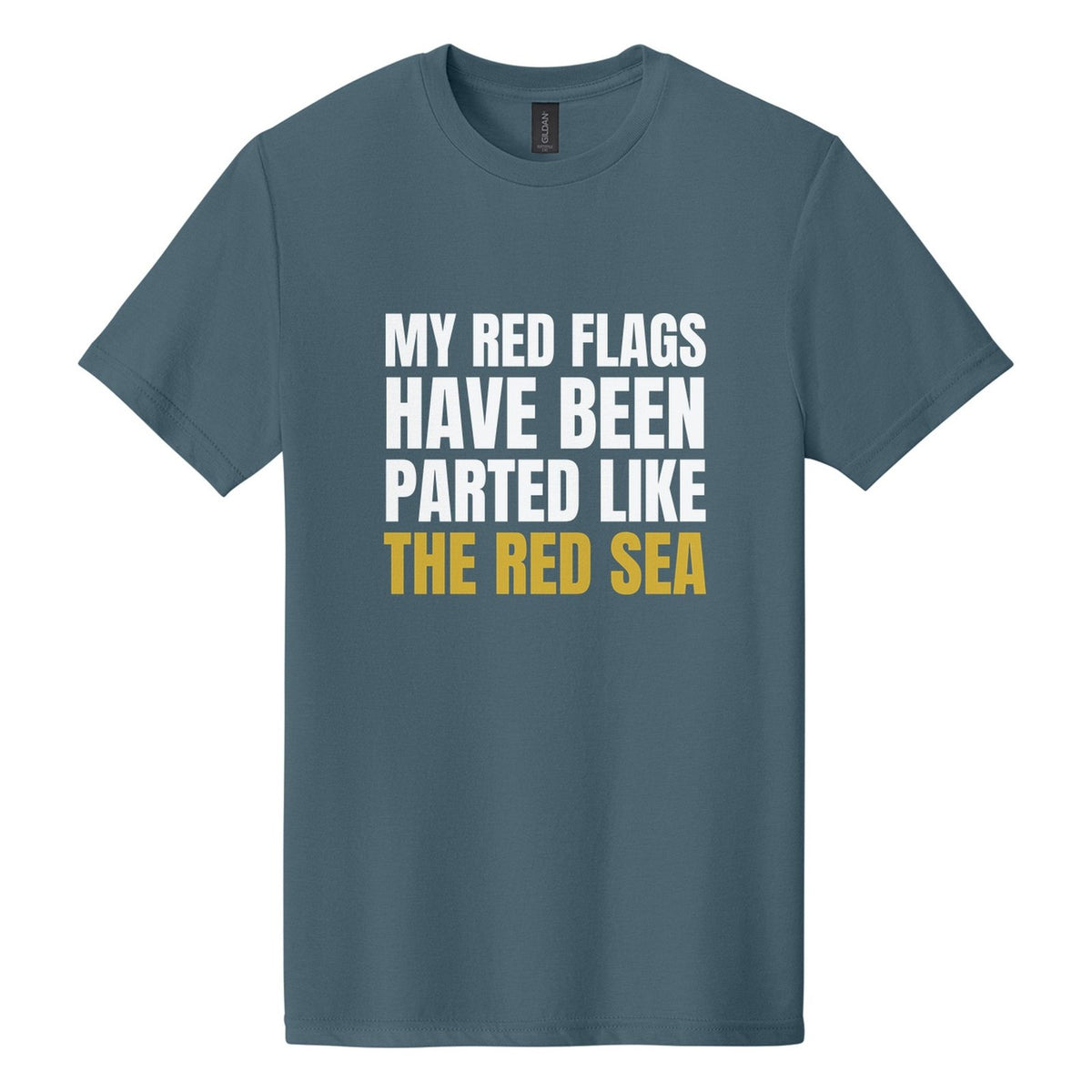 My Red Flags Have Been Parted Like the Red Sea tee in Steel Blue, Anton font, White + Metallic Gold ink