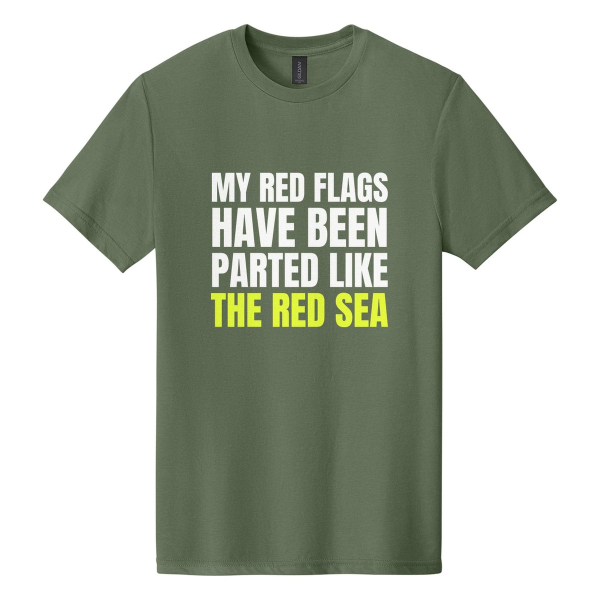 My Red Flags Have Been Parted Like the Red Sea tee in Cactus, Anton font, White + Neon Yellow ink
